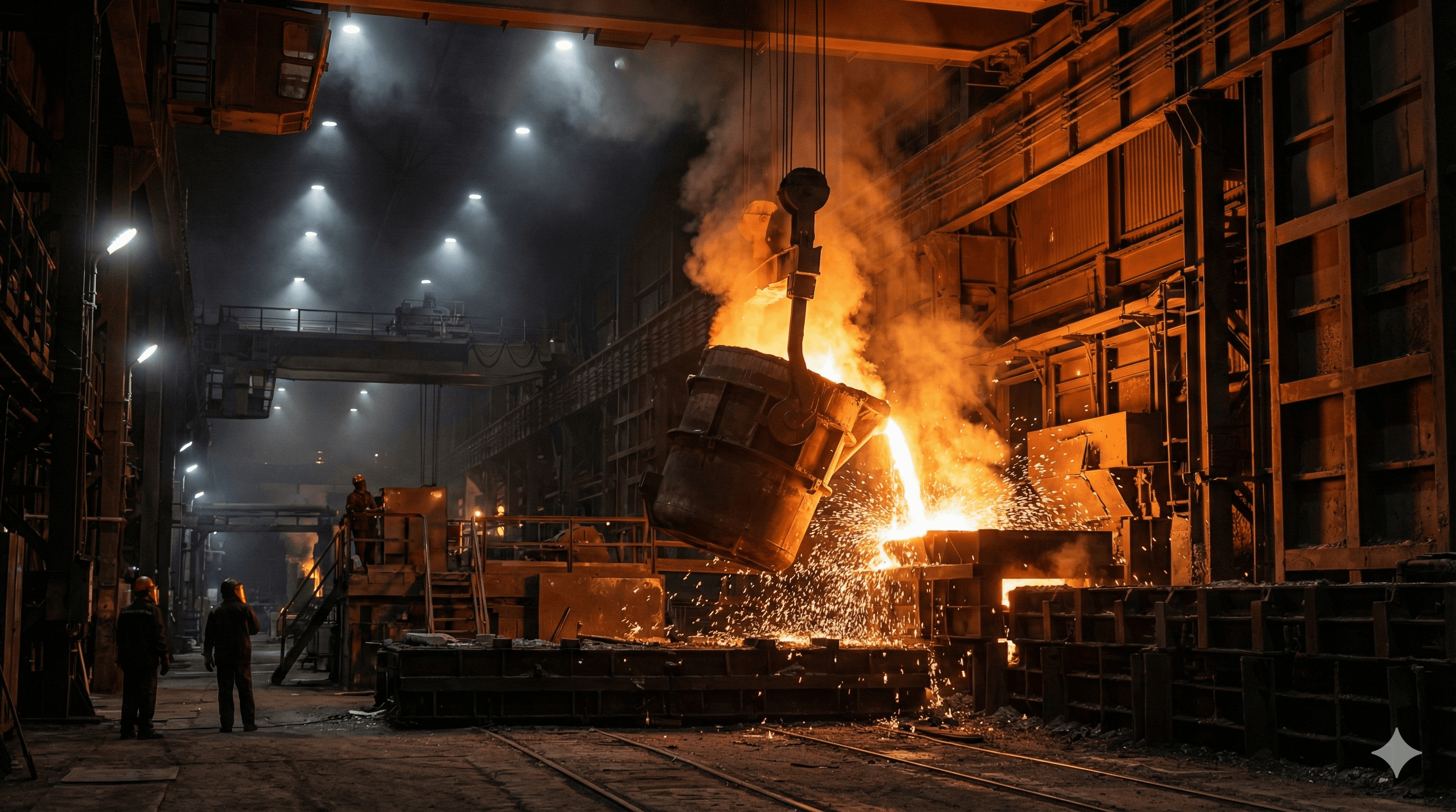 Industrial steel foundry at night with molten steel pouring from ladle and sparks